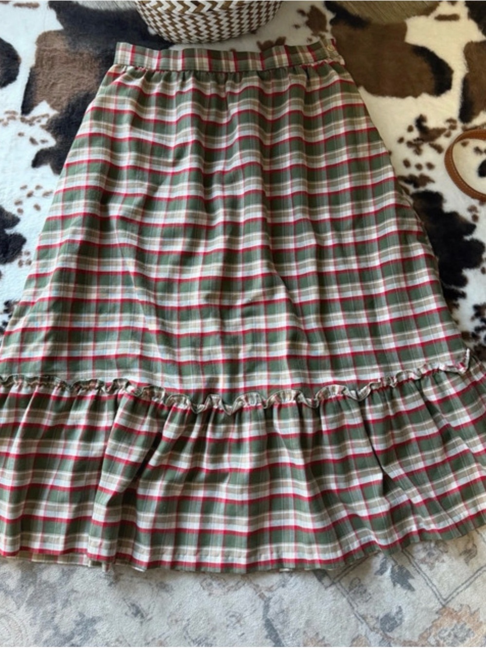 Plaid Ruffle-Hem Maxi Skirt in Green and Red